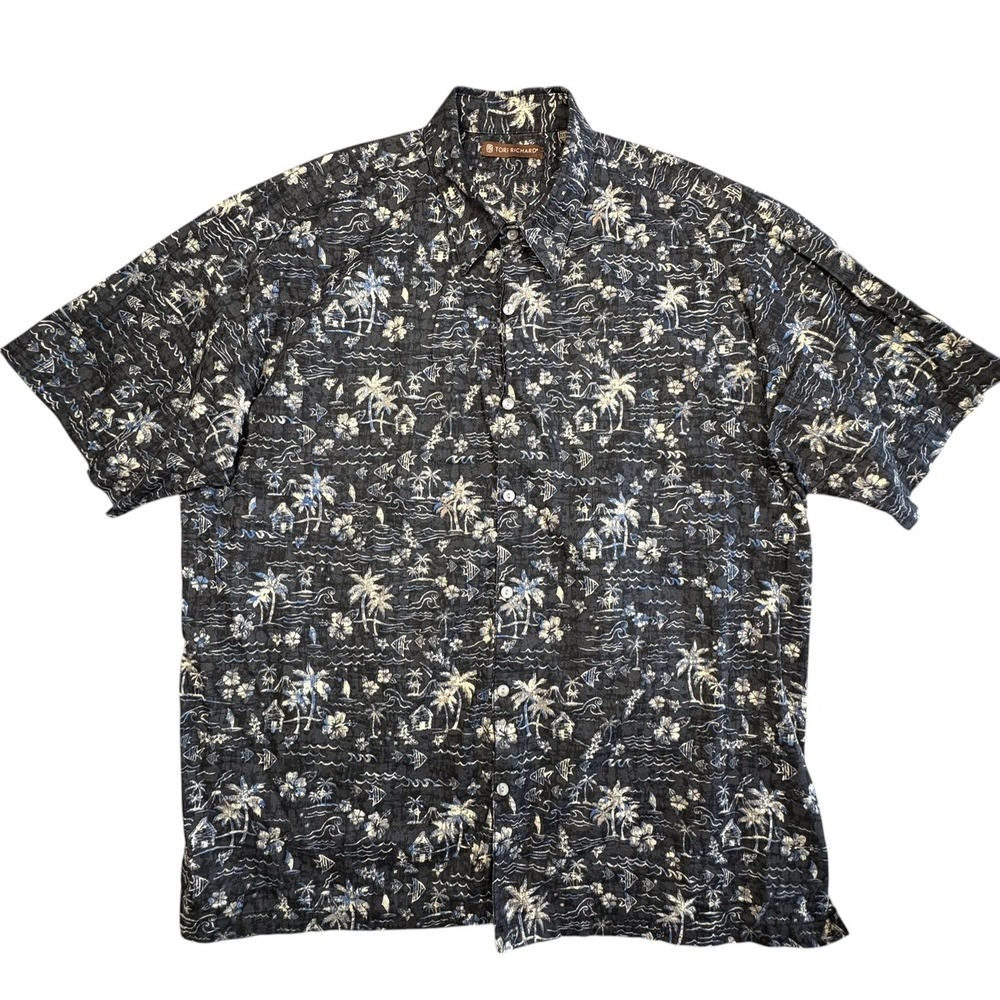 Tori Richard Hawaiian Aloha Shirt Mens XL Black Island‎ Print Cotton Lawn USA